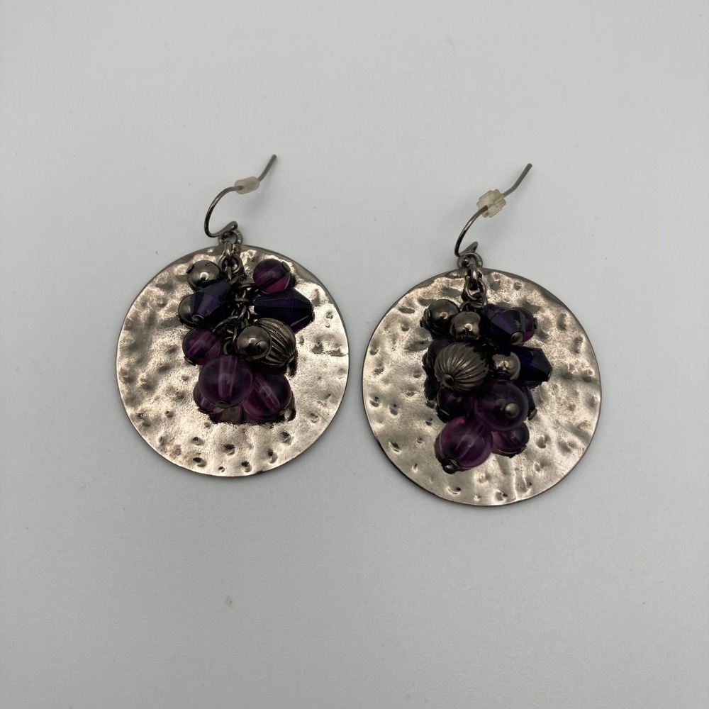 Boho Gunmetal Hammered Disc Earrings‎ Purple Bead Cluster Drop Dangle